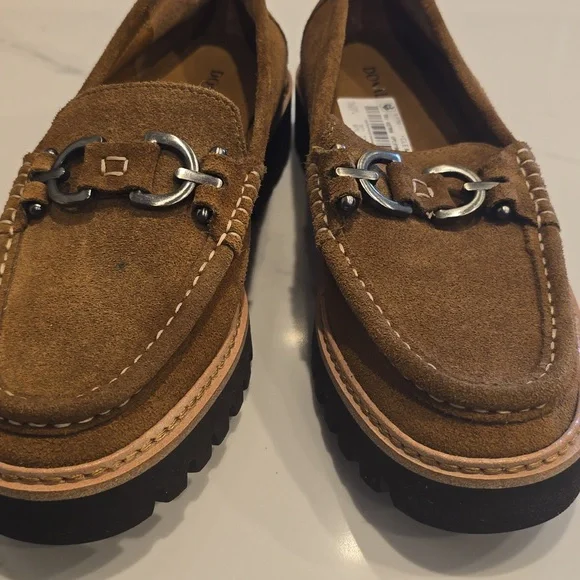 HELIO DONALD PLINER Brown Saddle Suede Leather Loafers Womens Lug Sole New 7.5 - Picture 10 of 10